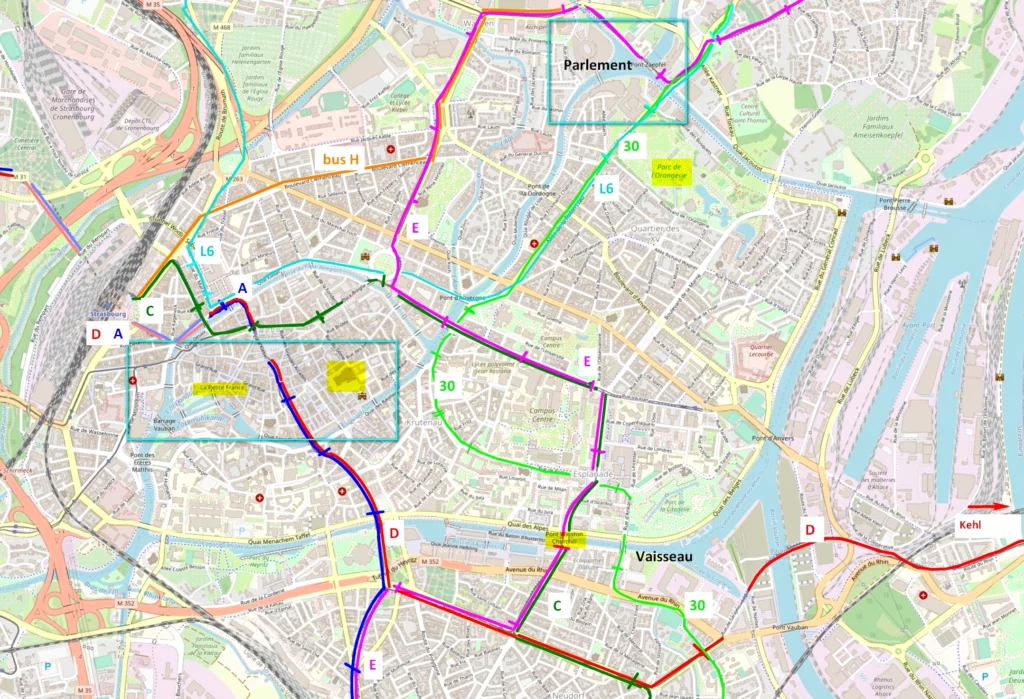 Карта транспорта в Страсбурге Основные линии